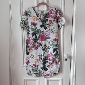 Marisa & Marie Italian 100% Linen Short Sleeve Vneck Elastic Back Floral Dress